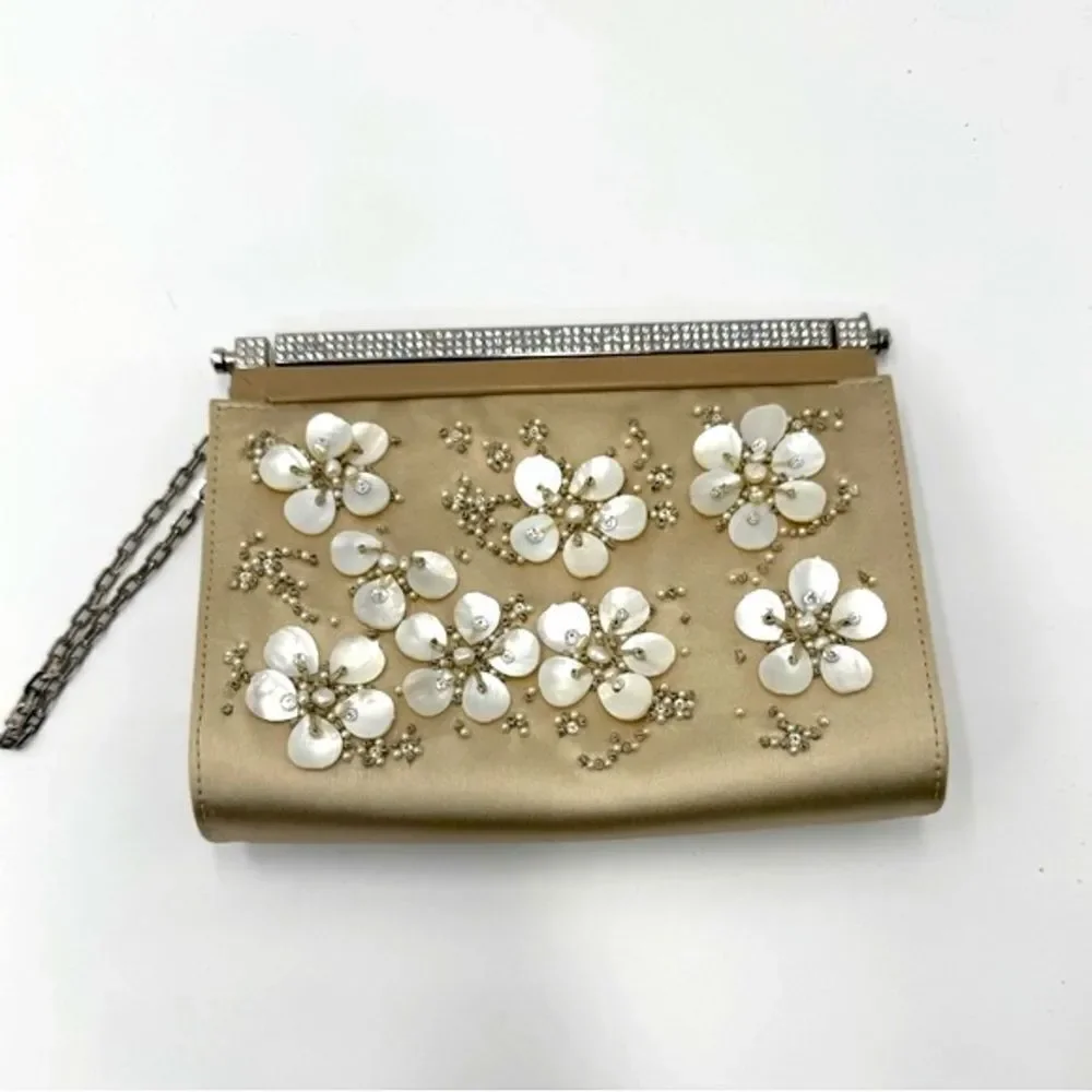 Auth Valentino Silk Floral Embroidered Crystal Framed Clutch Chain Evening Bag